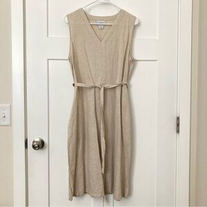 Liz Claiborne Linen Blend Belted Sleeveless Beige Midi Dress Pockets, Like New.
